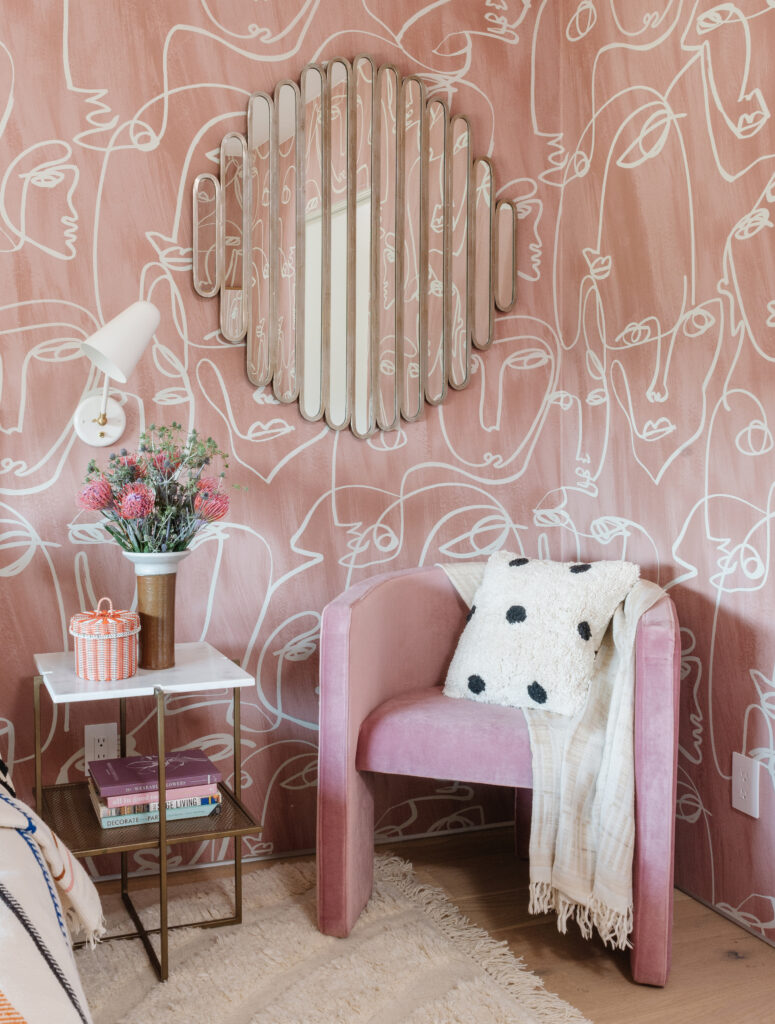 Bed with coronet and drapes beside window in child's bedroom with pink  striped wallpaper and pink curtains - SuperStock